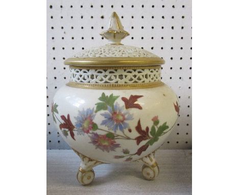 A Grainger Worcester pot pourri vase, having inner and outer covers, decorated with flowers, height 9insCondition Report:  No