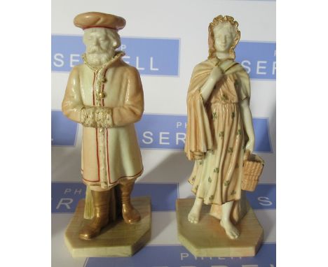 Two Royal Worcester blush ivory figures, a girl wearing a cloak and a man in old English dress, model numbers 1874 and 914, c