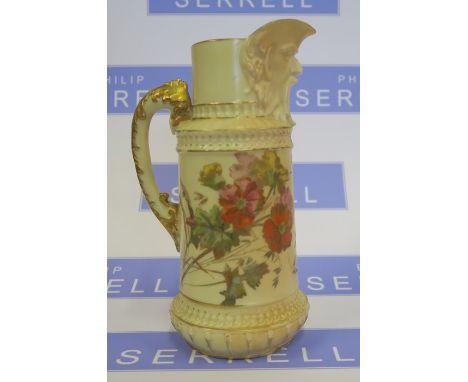 A Royal Worcester blush ivory jug, with mask spout and decorated with flowers, shape number 1366, dated 1892, height 7ins