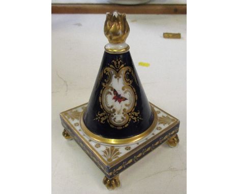 A Chamberlains Worcester pastel burner, decorated with&nbsp; panels of exotic birds to a scale blue ground, height 5ins, some