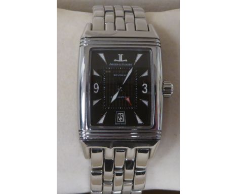 A Jaeger LeCoultre Reverso Gran Sport, Automatique&nbsp;stainless steel cased bracelet wristwatch, faced by a black Arabic an