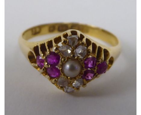 A Victorian 18ct gold cluster ring, set with a pearl, diamonds and rubies&nbsp; Birmingham 1876&nbsp; 