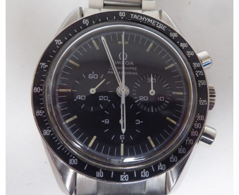 An Omega Speedmaster Professional straight writing 861 calibre 'The First Watch Worn to the Moon' stainless steel cased brace