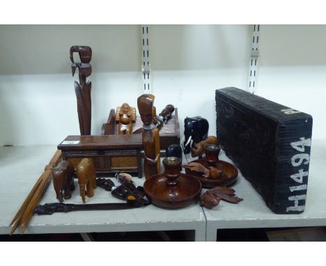 Wooden items: to include carved animals; and a book trough&nbsp; 6"w&nbsp; 