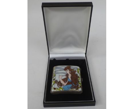 A silver folding cigarette case, on a button clasp, decorated in coloured enamel and Art Nouveau taste with a study of a fair