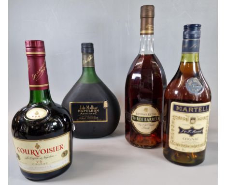 Four bottles of Brandy/Cognac to include: Courvoisier 70cl., Martel V S 68cl., Three Barrels Reserve Extra and J. De Malliac 