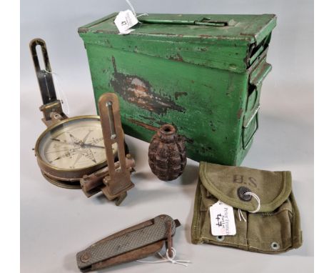 Assorted militaria to include: ammunition box, inert hand grenade, clasp knife, US ammunition pouch and brass Miner's/Surveyo