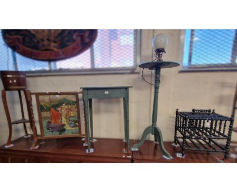 Collection of furnishing items to include: Edwardian cake stand, coopered and brass banded jardinière on stand, fire screen, 