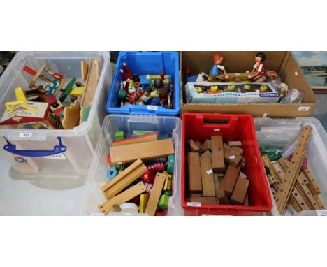 Large collection of vintage wooden toys and similar items: building blocks, fisher Price musical box, teaching clock, trains 