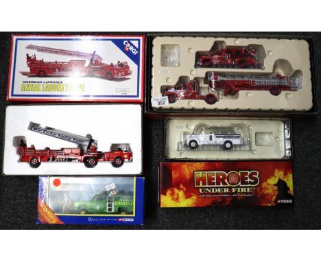Collection of boxed Corgi diecast models of Fire Engines to include: American LaFrance, Aerial Ladder Truck, Detroit Two Piec