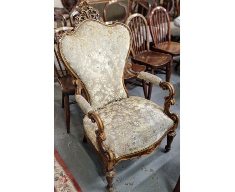 Victorian style French button back salon chair having scroll open arms on vase shaped legs.  (B.P. 21% + VAT)