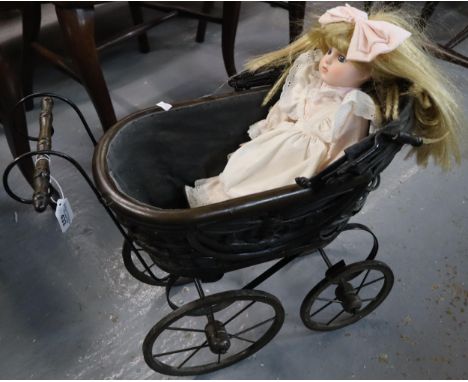 Vintage miniature Victorian design doll's pram with doll. (B.P. 21% + VAT)