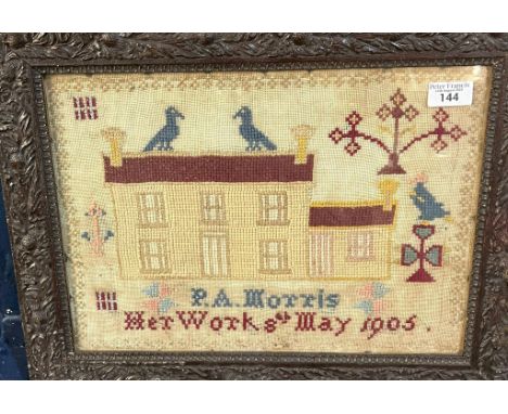 Edwardian Welsh tapestry sampler by 'P A Morris, Her Work 8th May 1905'. 30x40cm approx. Period frame. (B.P. 21% + VAT)