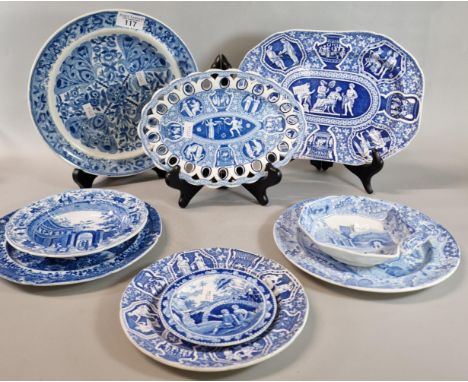 Collection of assorted 19th century Spode transfer printed blue and white plates dishes and bowls to include: 'Castle' patter