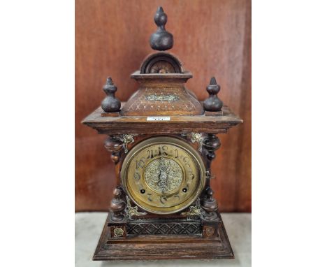 Early 20th century German oak two train architectural mantle clock with Arabic face. 47cm high approx. (B.P. 21% + VAT)&nbsp;