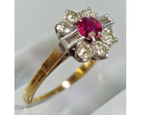 18ct gold and platinum diamond and ruby flowerhead ring. 3.5g approx. Size P. (B.P. 21% + VAT)&nbsp;&nbsp;Ring appears grubby
