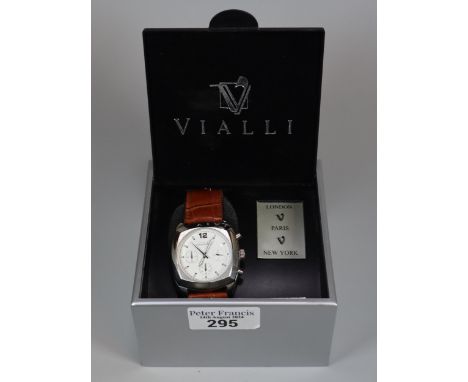 Vialli gentleman's steel two button triple dial chronograph wristwatch on leather strap in original box (Quartz movement). (B