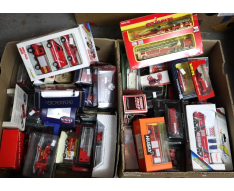 Two boxes comprising assorted diecast Fire Engine and Fire related vehicles, all in original boxes to include: Road Monster, 
