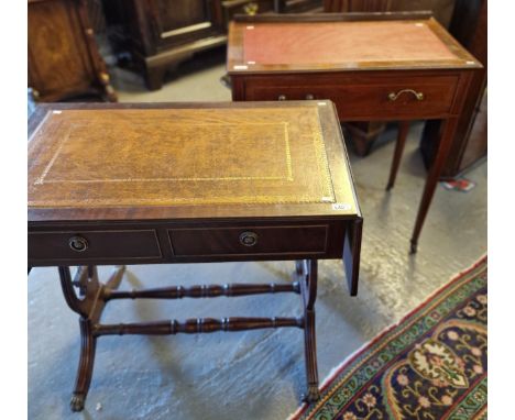 Edwardian mahogany inlaid writing desk with leather top, single drawer above square tapering legs and casters together with a