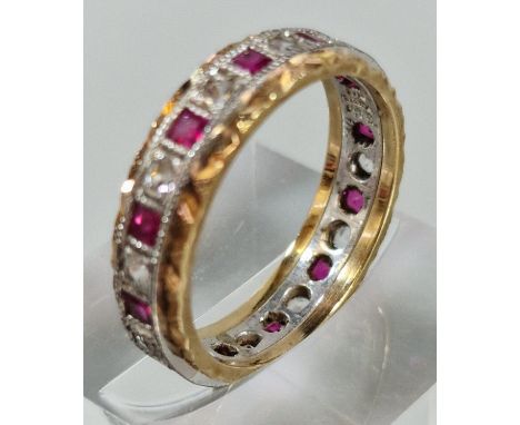 9ct gold ruby and clear stone eternity style ring. 3.9g approx. Size O. (B.P. 21% + VAT)