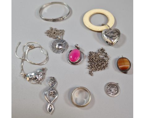 Bag of silver items to include: various fobs and pendants, agate brooch, baby's christening bangle, baby teether etc. (B.P. 2