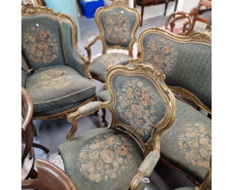 19th century French Louis XV rococo style carved wood and gesso framed ten piece parlour suite comprising: two seater canape 