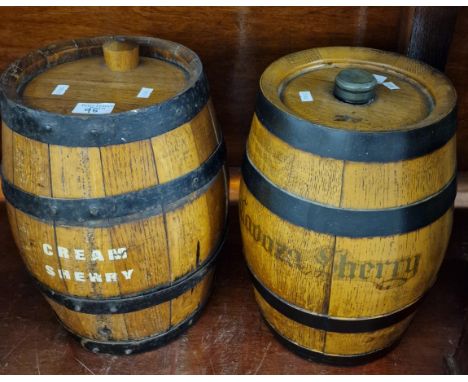 Two vintage oak coopered metal banded Sherry barrels. 34cm high approx.  (B.P. 21% + VAT)