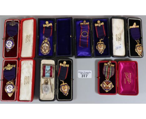 Collection of cased Masonic and similar gilt metal jewels including: Independent Order of Odd Fellows and one enamel and silv