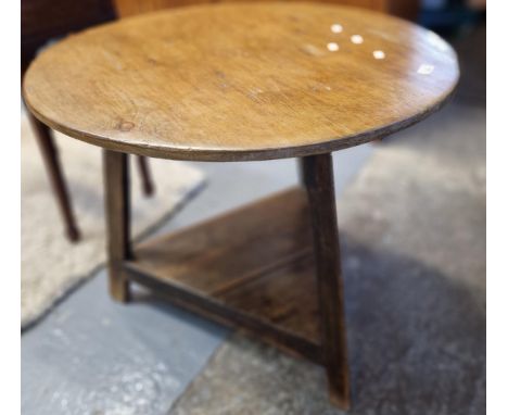 19th century pine circular Cricket table with triangular legs and triangular under-shelf. 80cm diameter approx. (B.P. 21% + V