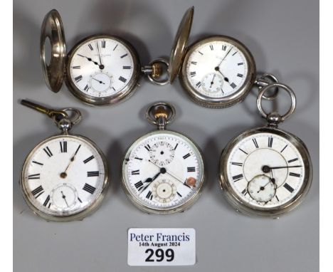 Collection of silver pocket watches to include: Continental sweep seconds two dial chronograph, two keyless open faced watche