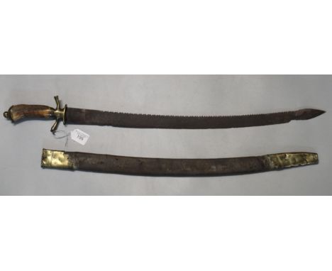 Unusual 17th or early 18th century hunting hanger, having brass mounted horn grip and saw backed curved blade within brass mo