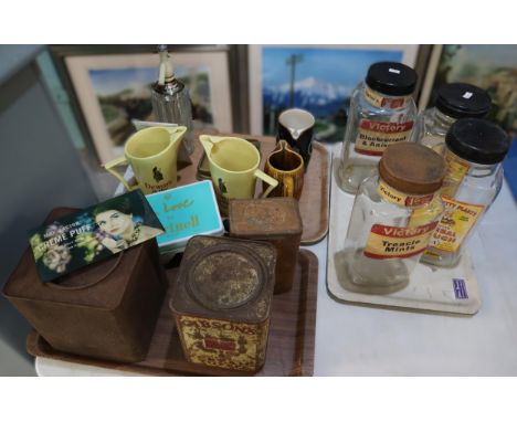 Collection of vintage glass sweet jars and vintage tins together with some water advertising jugs 'Dewars Scotch Whisky', 'Sc