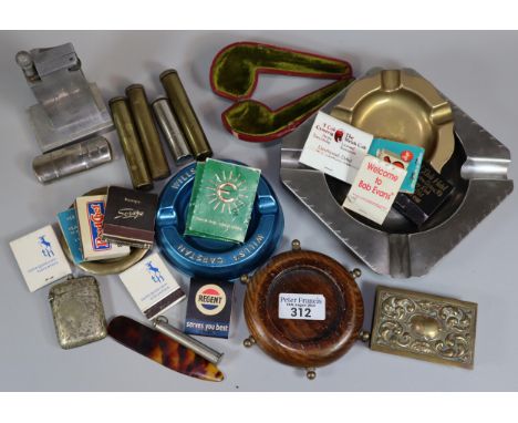 Box of smoking ephemera to include: ash trays, pipe box, matchstick holders, vesta case, lighters etc. (B.P. 21% + VAT)