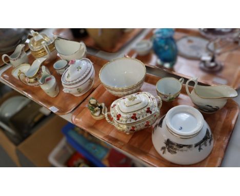 Tray of 19th century ceramics to include: Davenport two handled sucrier and cover, various Bat ware, helmet shaped jugs, tea 
