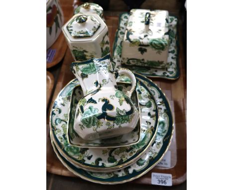Small collection of Masons Ironstone 'Chartreuse' design items to include: pouch shaped dresser jug, cheese stand and cover, 