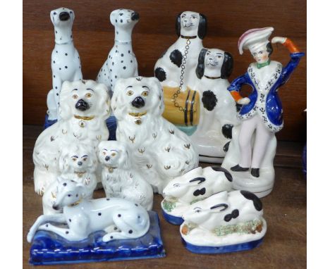 Two pairs of Beswick Staffordshire spaniels, one a/f, a pair of Staffordshire style Dalmatians and five other Staffordshire f