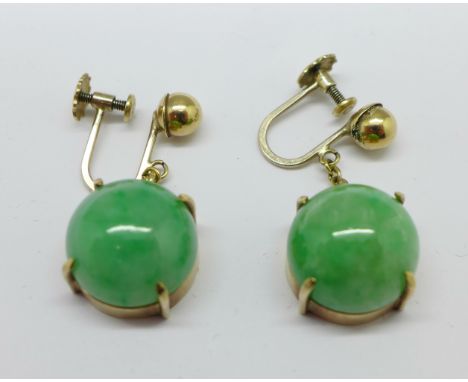 A pair of 9ct gold mounted jade earrings, total weight 8.9g