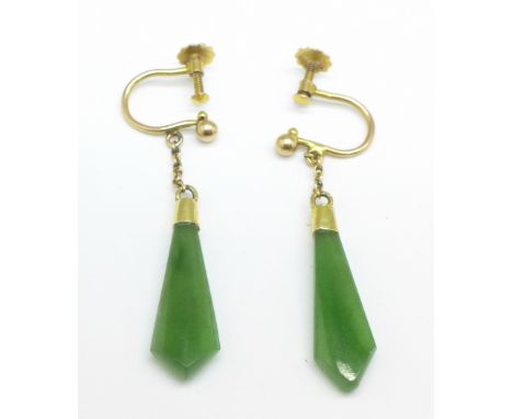 A pair of yellow metal set jade drop earrings