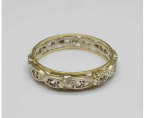 A 9ct gold, silver and white stone eternity ring, R