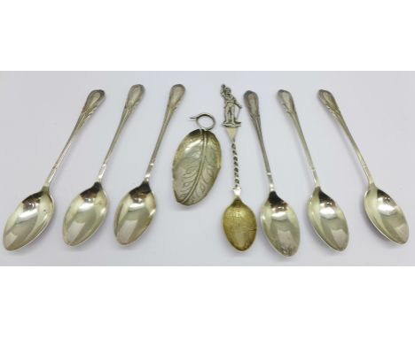 A set of six silver spoons, a Georgian silver caddy spoon, a/f, and one other American spoon, 73g