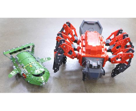 Two Meccano models, Thunderbird 2 in metal and a plastic spider (spider a/f, parts missing)