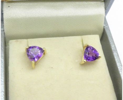 A pair of 14ct gold, amethyst stud earrings