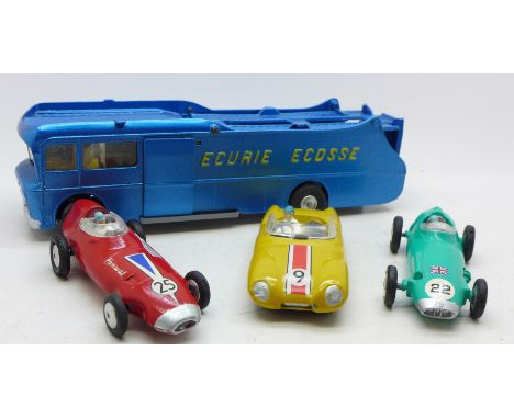 A Corgi Major Toys Ecurie Ecosse racing car transporter and three racing cars including Lotus mark II