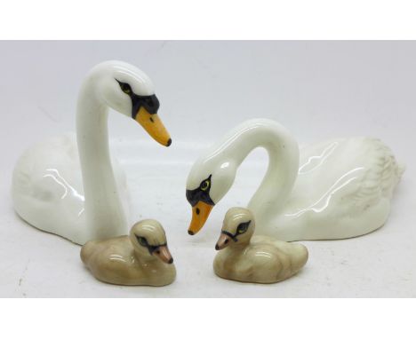 Two Beswick swans, 1684 and 1685 and two ducklings