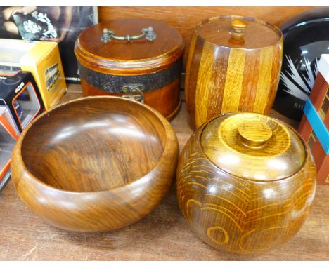 A tropical wood tea caddy and other treen