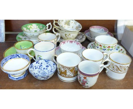 18th and 19th Century tea cups, bowls, saucers, various factories, two cups a/f