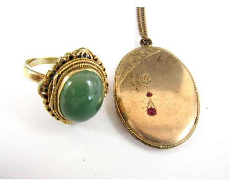 An early 20th Century Secessionist style rolled-gold pendant locket on chain, (chain a/f), together with a Chinese silver-gil