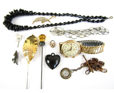 Vintage jewellery including a Moonstone riveria necklace, an early Felix the cat enamelled brooch, an albert chain with compa