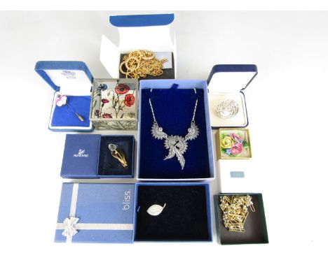 Vintage and modern cased costume jewellery, including a Swarovski crystal brooch in the form of a tulip, an Aynsley fine bone