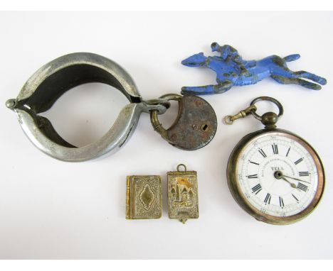 A Tell pocket chronograph, together with two novelty brass fobs etc.